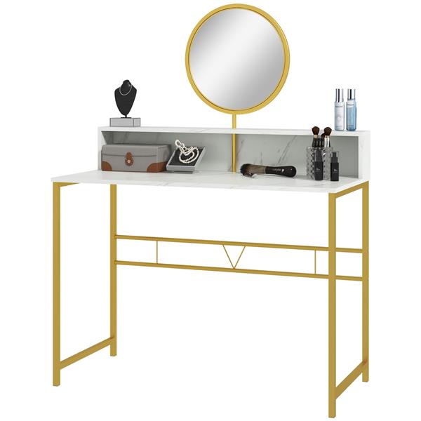 Modern Vanity Makeup Desk with Mirror, Dressing Table with Open Storage, Faux Marble Finish and Steel Frame for Bedroom, White and Gold