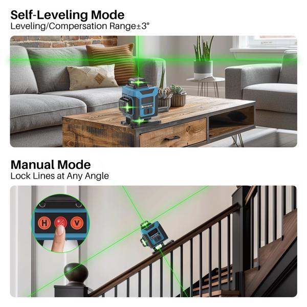 Kreuzlinienlaser Grün 4x360°, Laser Wasserwaage 16 Linien, Baulaser Kreuzlaser Linienlaser Selbstnivellierende, 2 x Batterien, Wandhalterung, Fernbedienung, Magnetfuß, Drehständer (Blau-Grün)