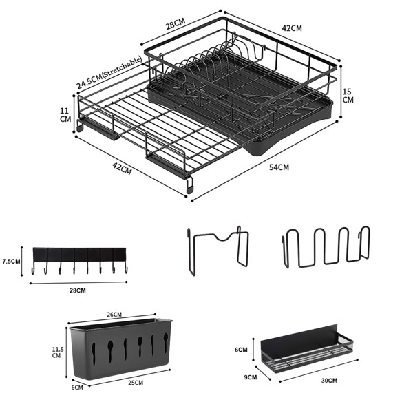 2-in-1 Expandable Dish Drying Rack Kit, Stainless Steel Dish Rack Set with Utensil Holder, Cutting Board Holder, Cup Holder, Magnetic Spice Rack and Metal Hook for Fridge