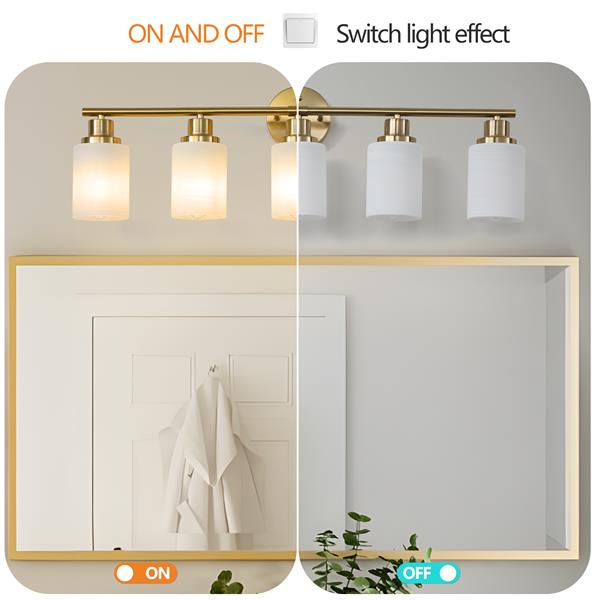 5-Light Golden Bathroom Vanity Light Fixture, Frosted Glass Shades, Modern Wall Mounted Lighting (No Bulbs)