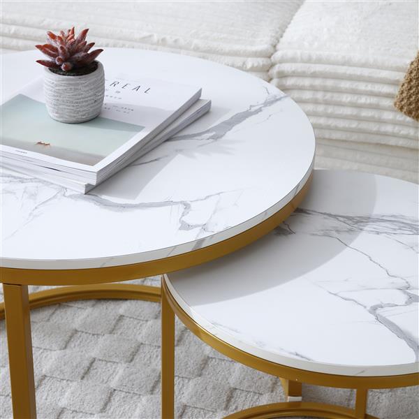 Set 2 Coffee Table Nesting White and gray top  Golden Frame Circular Round and Marble Pattern Wooden Tables, Living Room Bedroom Apartment Modern Industrial Simple Nightstand