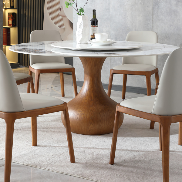 7pcs Modern Marble Dining Table, 59" Round Sintered Stone Table for Dining Room, Kitchen, Dinette, Compact Space With Lazy Susan(1table+6 chairs) -LTL item