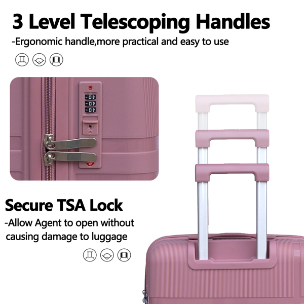 3 Piece Luggage Sets PP Lightweight Suitcase with Two Hooks, Spinner Wheels, (20/24/28) 2307  pink