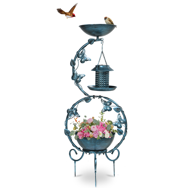 37.8 inch Bird Bath and Solar Bird Feeders Combo with Flower Planter Pedestal, Weather Resistant Metal Bird baths for Outdoors, Decorative Birdbath with Butterfly for Garden Yard, Antique Blue