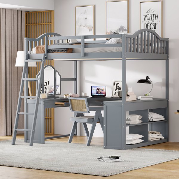 Full Wooden Loft Bed with U-shaped Desk,Storage Compartments and Tri-fold Mirror, Gray 