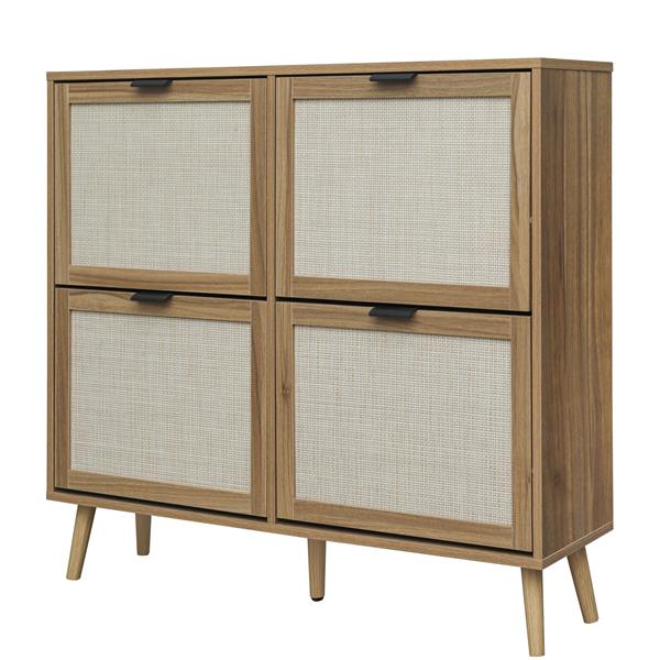 Natural Rattan 4 Door Shoe Rack, Freestanding Modern Shoe Storage Cabinet, for Entryway