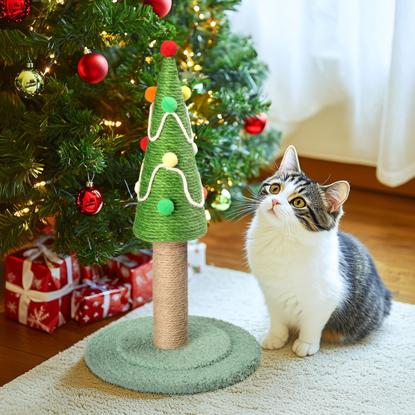 22in Christmas Tree Scratching Post, Cute Cat Scratcher with Natural Sisal Covered Frame & Colorful Little Balls for Indoor Cats