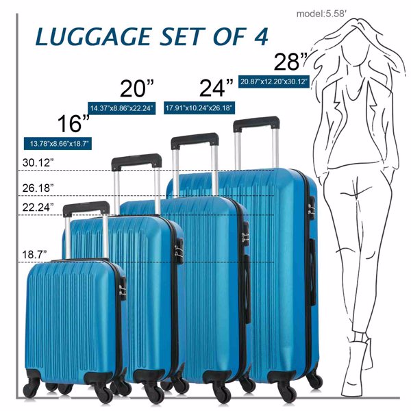 5 Piece Set Luggage Sets Suitcase ABS Hardshell Lightweight Spinner Wheels (16/20/24/28 inch) Blue