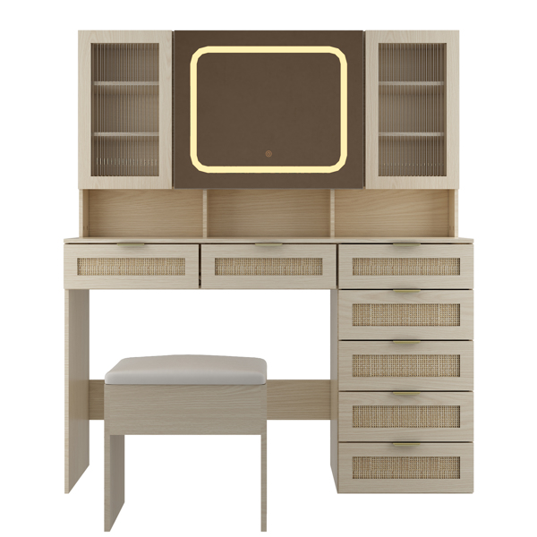 Large Vanity Table Set with LED Lighted Mirror, Vanity Desk with Charging Station, Makeup Table with Glass Doors, Drawers and Storage Shelves, Cushioned Stool for Bedroom, Natural