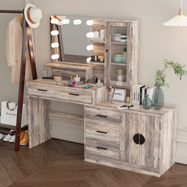 Large Makeup Vanity with Lights, Vanity Table with Charging Station, Vanity Desk with Mirror and 10 LED Light Bulbs, Makeup Table with Drawers and Storage Shelves and Cabinets, Gray