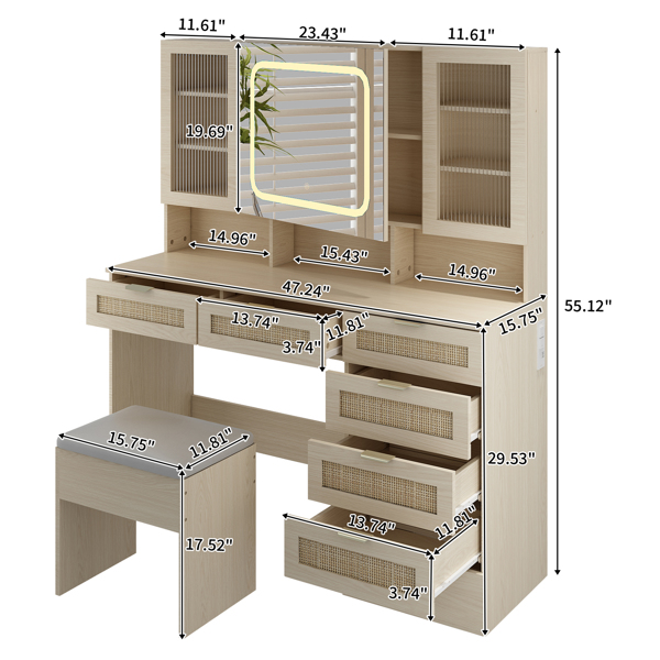 Large Vanity Table Set with LED Lighted Mirror, Vanity Desk with Charging Station, Makeup Table with Glass Doors, Drawers and Storage Shelves, Cushioned Stool for Bedroom, Natural