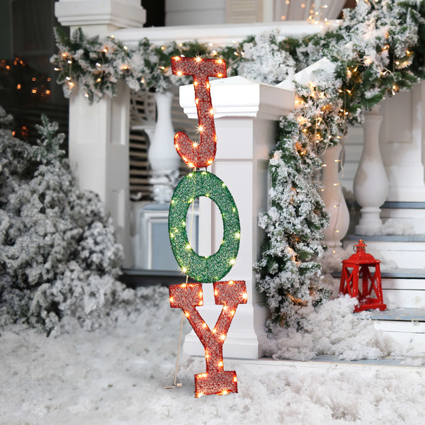 Lighted JOY Letter Sign Christmas Yard Decorations, Pre-lit 2D Letter Display with 45 LED Warm White Lights and Stakes for Xmas Outdoor Holiday Indoor Decor Lighted Holiday Displays