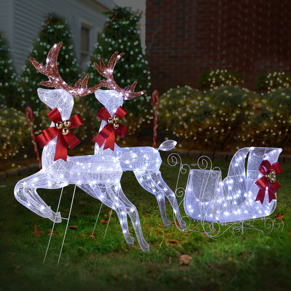 3-Piece Lighted Set of 2 Reindeer & Sleigh, Weather Proof Christmas Outdoor Decorations with Pre-lit 270 LED White Lights and Stakes for Xmas Outdoor Holiday Indoor Decor Lighted Holiday Displays, Whi