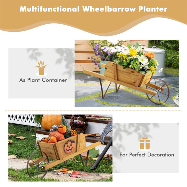 2 In 1 Wheelbarrow Planter，Wooden Wagon Planter with 9 Magnetic Accessories for Garden Yard