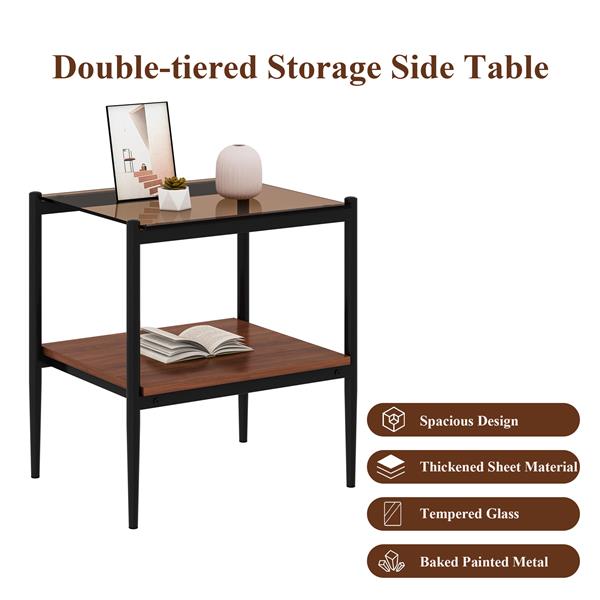 Set of 2 Rectangle End Table, Tempered Glass Tabletop with MDF layer, Modern Table for Living Room , Brown Glass