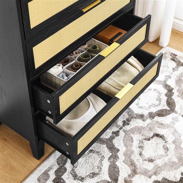 Bedroom 5 drawer dresser, rattan dresser modern wooden chest of drawers with spacious storage space for bedroom hallway living room