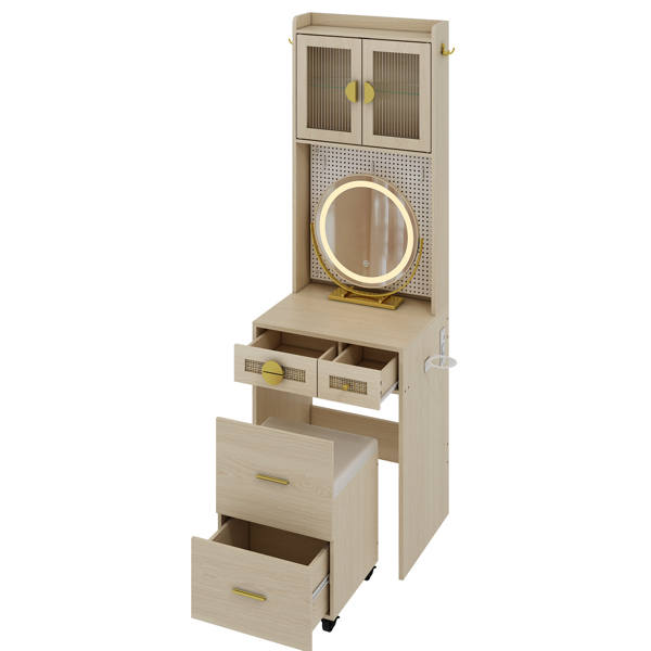 Small Vanity Desk with Mirror and LED Lights, Makeup Table with Charging Station and drawers and Storage Shelves for Small Space, Compact Mini Corner Vanity Set with Hidden Storage Stool for Bedroom