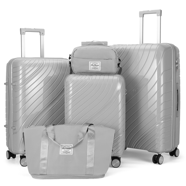 FCH five-piece suitcase 20-24-28 inch trolley case + two-piece handbag suitcase PP trolley case 20in 24in 28in PP material iron trolley full color light gray