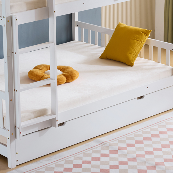 Full Size Bunk Bed with Trundle Bed, with Ladder and Safety Rails Pinewood Bunk Bed White