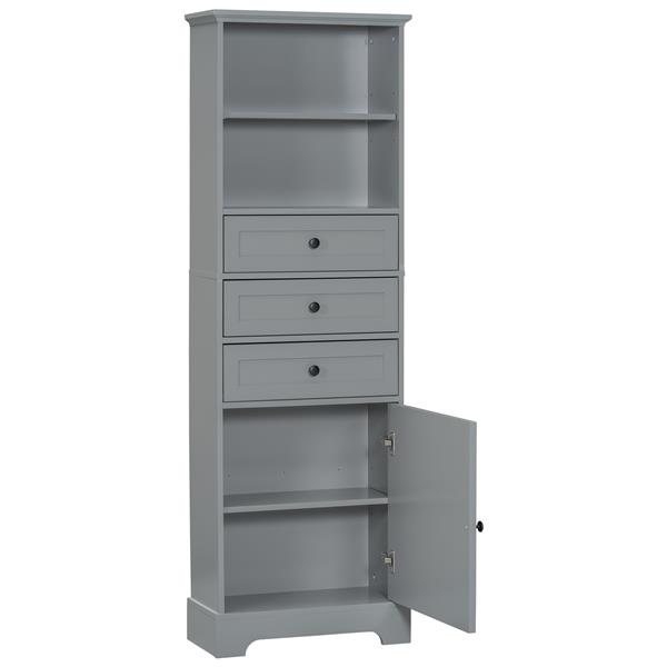 Gray Tall Storage Cabinet with 3 Drawers and Adjustable Shelves for Bathroom, Study, Office and Interior, MDF Board with Painted Finish