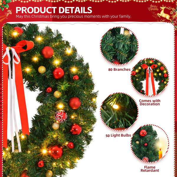 24in Pre-lit Battery Powered Christmas Wreath, Lighted Artificial Xmas Wreath with 50 Warm Lights and 80 PVC Tips and 14 DIY Ornaments, for Front Door Gate Wall Xmas Party Decorations