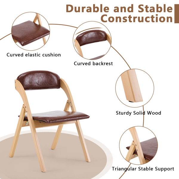 Set of 2 Wooden Folding Chairs with Padded Seats, Portable Simple Folding Chairs with Cushion for Guests Kitchen Office Wedding Party Picnic, Natural Frame with Brown Cushion