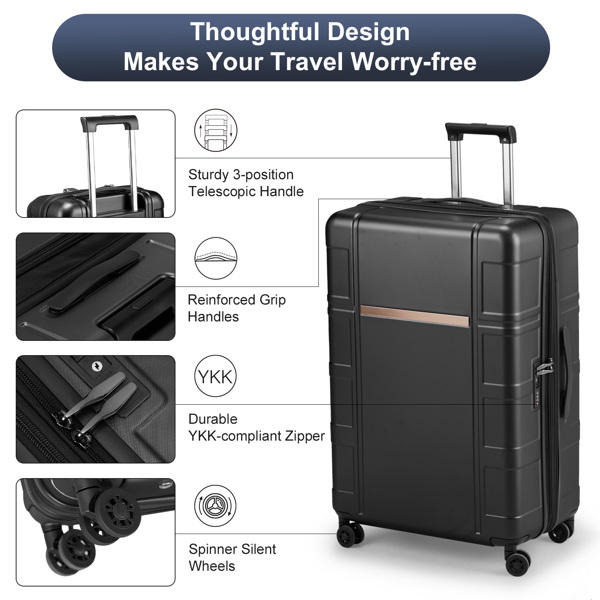 Luggage Expandable Suitcase 2 Piece Set Carry On ABS+PC Spinner Trolley with pocket Compartment Weekend Bag ， Black Color