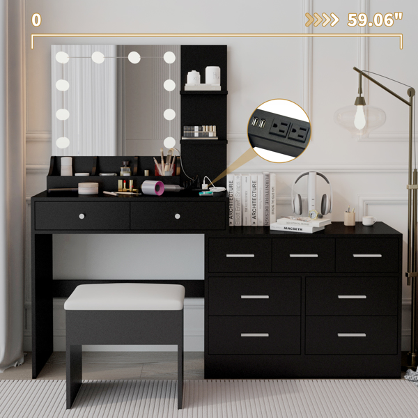 Large Makeup Vanity with Lights, Vanity Table with Charging Station, Vanity Desk with Mirror and 10 LED Light Bulbs, Makeup Table with Tabletop Compartments, Drawers and Storage Shelves, Black