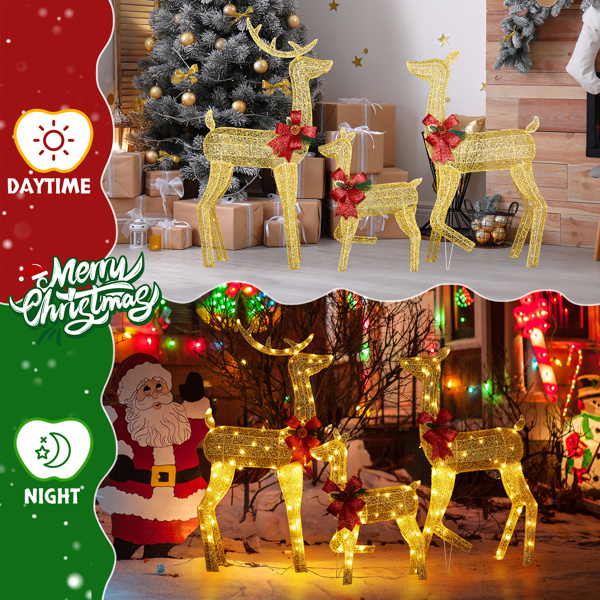 3-Piece Lighted Christmas Reindeer Family Set Outdoor Decorations, Weather Proof 2D Deer Family Set of 3 Christmas Ornament Home Decor Pre-lit 200 LED Warm White Lights with Stakes, Golden