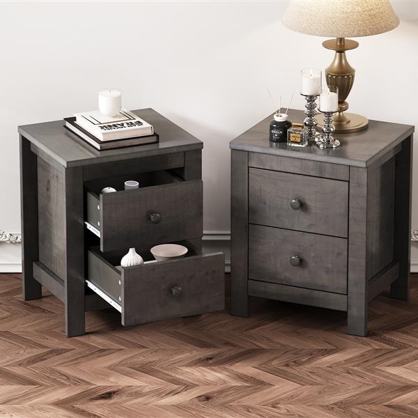 Farmhouse Wooden Nightstand Set of 2 with Retro Design, Wood Side Table with Storage Cabinet for Bedroom, Antique Gray