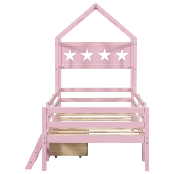 Wood Twin Size House Platform Bed with Guardrail and Drawer, Pink