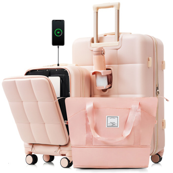 3-Piece Luggage Set with 20\\" Front-Opening Carry-On, 28\\" Expandable Suitcase, and Expandable Travel Bag, pink