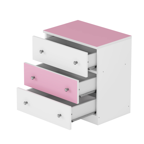 3-Drawer Wooden Nightstand with Colorblock Design and Plastic Handle, Wood Side Table with Storage Cabinet for Bedroom, White+Pink 