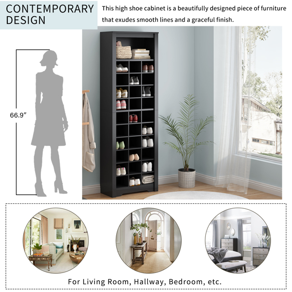 Stylish Design 30 Shoe Cubby Console, Contemporary Shoe Cabinet with Multiple Storage Capacity, Free Standing Tall Cabinet with Versatile Use for Hallway,  Bedroom, Black