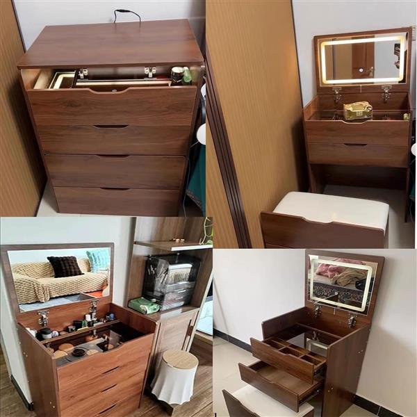 (Walnut) 3 in 1 Vanity Desk with Plip Top Mirror,Small Make Up Vanity Set with Visible Glass Desktop,Compact Makeup Vanity with 3 Drawers,Cushioned Tool,Dressing Table for Bedroom