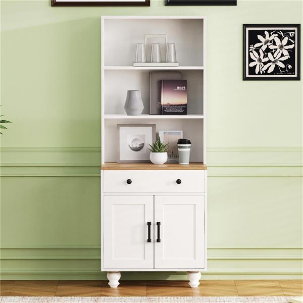 Farmhouse Storage Cabinet with 4 Solid Wood Gourd-Shaped Legs, Modern Kitchen Pantry Cabinet with Adjustable Shelves, 5 Tier Bookshelf with Drawer for Living Room, White