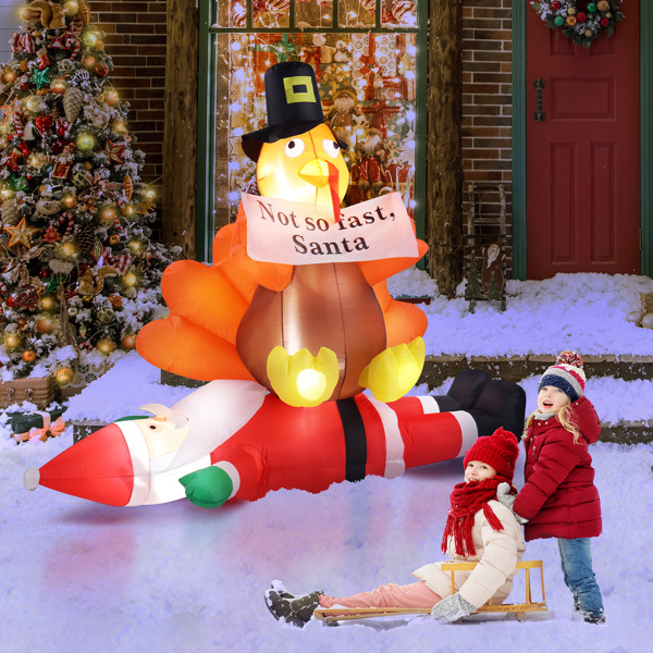 4.9 FT Lighted Christmas Inflatable Decoration, Inflatable Turkey Sitting on Santa Claus, Funny Blow Up Yard Decorations with Built-in LED Lights for Holiday Party Front Yard Lawn Garden Decor