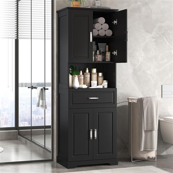 Tall Bathroom Cabinet with Four Doors, Large Storage Space Open Shelve, Upper Storage Cabinet, Black