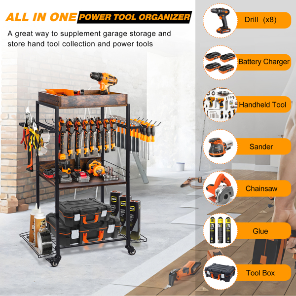 Rolling Garage Tool Organization Organizer, Power Tool Organizer, Garage Supplies, Closets, Sheds, Garage Organization and Storage Utility Shelves