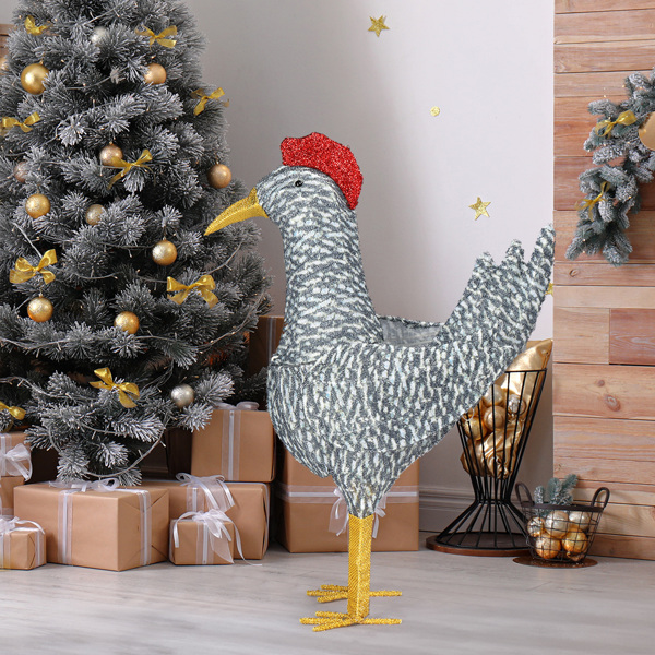 2FT Lighted Christmas Rooster Outdoor Decoration, Weather Proof Plush Rooster Christmas Ornament Home Decor Pre-lit 50 LED White Lights with Stakes