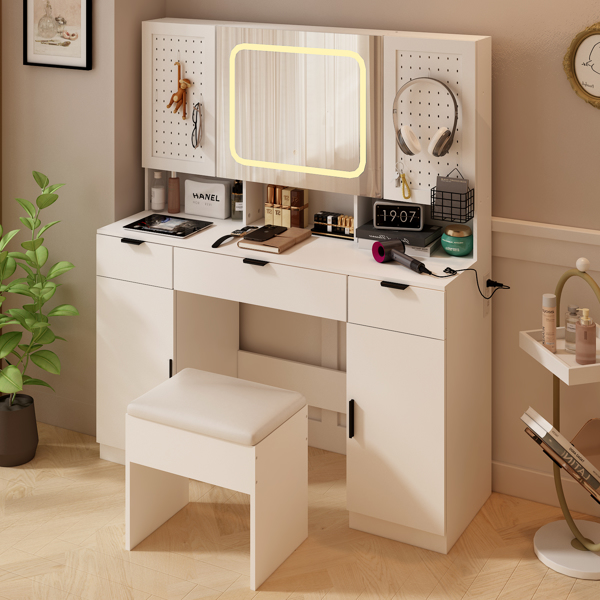 Large Vanity Table Set with LED Lighted Mirror and 2 DIY Pegboards, 5 Hooks, Vanity Desk with Charging Station, Makeup Table with Drawers, Storage Shelves and Cabinets, Cushioned Stool for Bedroom