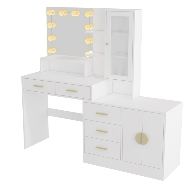 Large Makeup Vanity with Lights, Vanity Table with Charging Station, Vanity Desk with Mirror and 10 LED Light Bulbs, Makeup Table with Drawers and Storage Shelves and Cabinets, White