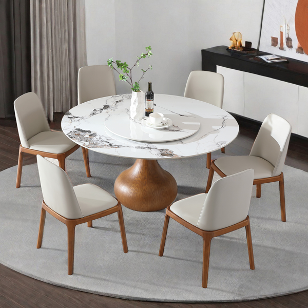 7pcs Modern Marble Dining Table, 59" Round Sintered Stone Table for Dining Room, Kitchen, Dinette, Compact Space With Lazy Susan(1table+6 chairs) -LTL item