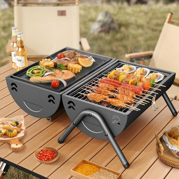 Table Top Grill Charcoal with Smoker, Double Side Use Small Charcoal Grill Portable with Grate and Fry Pan for Outdoor Camping BBQ,15.8in*11.6in*16.7in