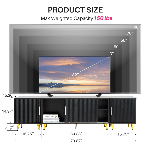 Fernsehkommode, Holz Tv Schrank mit Lagerung für 32-80" Fernseher, Fernsehtisch mit Aufrechte Tischbeine für Wohnzimmer, Schlafzimmer (Schwarz)