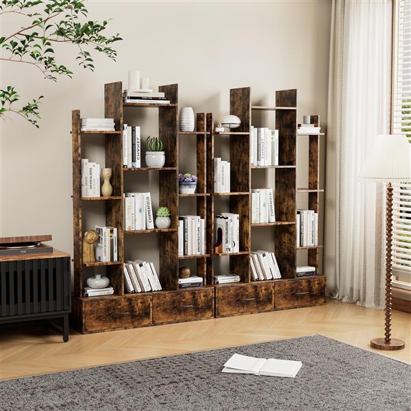 Bookshelf with 2 Drawers, Industrial Freestanding Open Display Shelving, Vintage Open Bookcase, 12 Storage Shelves, Book Case for Bedroom, Living Room, Home Office, Rustic Brown