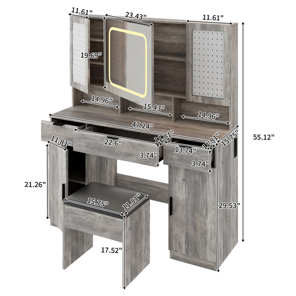 Large Vanity Table Set with LED Lighted Mirror and 2 DIY Pegboards, 5 Hooks, Vanity Desk with Charging Station, Makeup Table with Drawers, Storage Shelves and Cabinets, Cushioned Stool for Bedroom