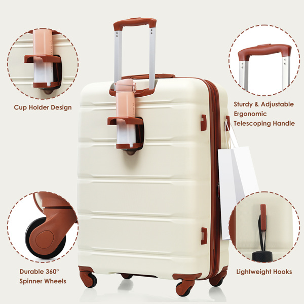 Luggage Sets 4 Piece, 20-inch with USB Port, Expandable ABS Durable Suitcase with Travel Bag,  Cup Holder, ABS Hard Shell Luggage with Spinner Wheels, beige and brown