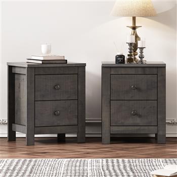 Farmhouse Wooden Nightstand Set of 2 with Retro Design, Wood Side Table with Storage Cabinet for Bedroom, Antique Gray