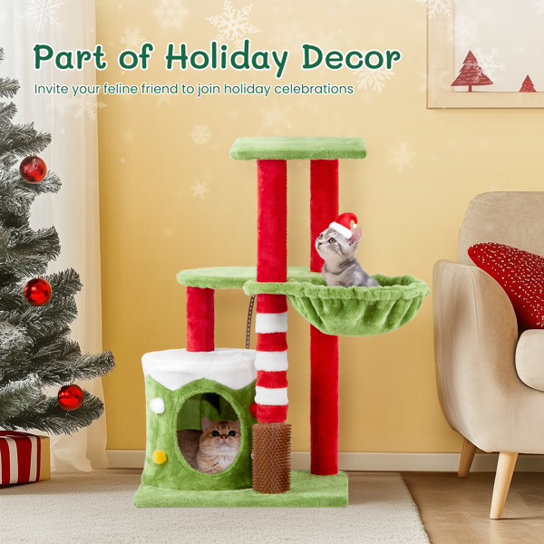 32in Cat Scratching Posts Tower with Cat Condo and Hammock, Christmas Themed Plush Cat Tree with Cat Massage Brush, Activity Center for Indoor Cats